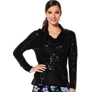 Iman Black Sequins Long Sleeves Cowl Neck Sweater.Size S